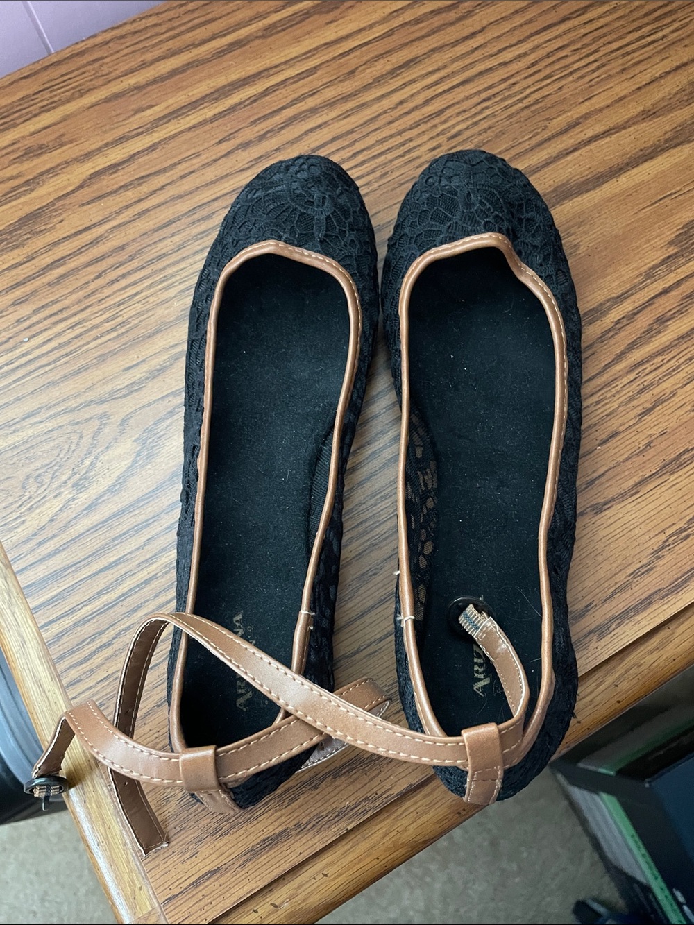 Arizona Jean Company Black Lace Ballet Flats with Brown Trim and Ankle Strap